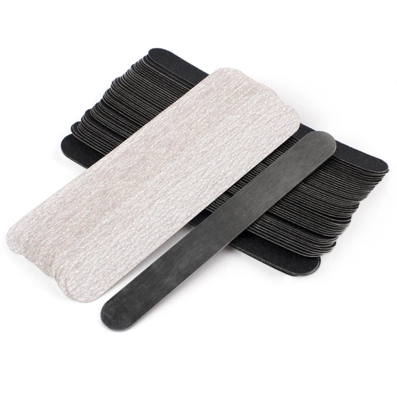 50pcs Mini Replaceable Sandpaper Nail File 100/180/240 Grey/Black Straight Removable Pads Stainless Steel Handle Metal Buffers