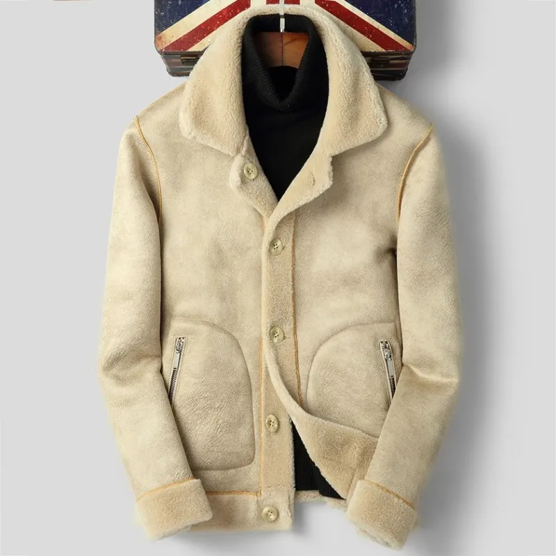 Зимняя мужская куртка из овчины с натуральным мехом, кожаная Толстая теплая куртка, офисная мужская приталенная верхняя одежда из овечьей шерсти