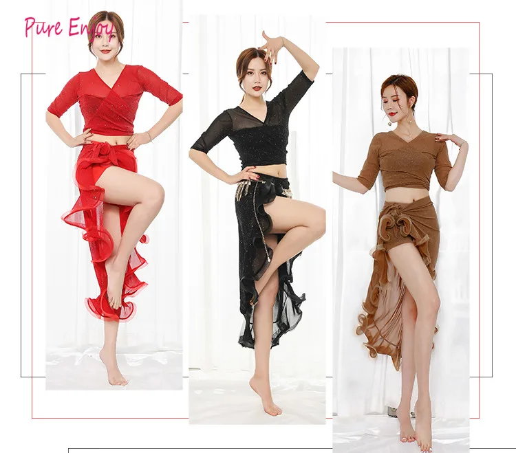Belly dance new short skirt strap adjustable hip scarf skirt performance suit female belly dance practice clothes suit set