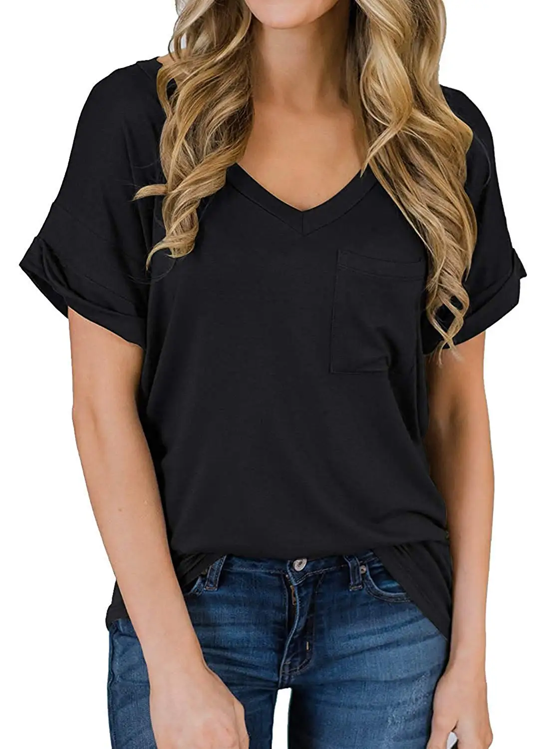 

Women's Short Sleeve Tops Casual V-Neck T-Shirts with Front Pocket