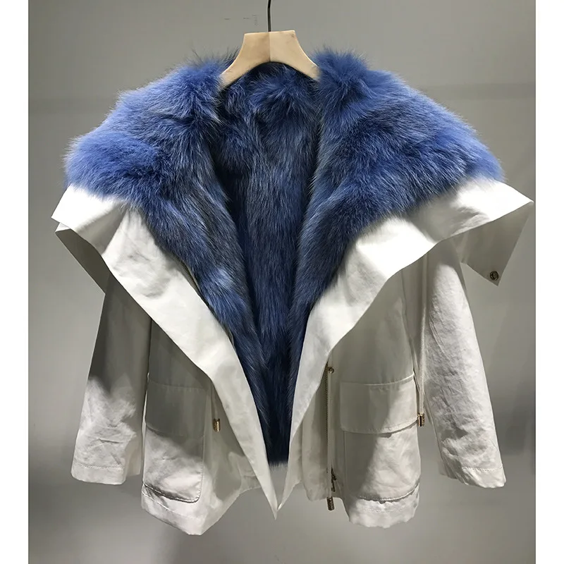 white blue Parka Women New Winter Casual Hooded Long Sleeve Fox Fur Liner Detachable Coat Loose Thick Fox Fur Jacket Female NS1452 - Цвет: white blue