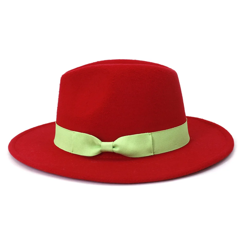 Free shipping Simple classic red jazz top hat women wide-brimmed bow fedora hat autumn and winter ladies elegant panama hat short brim fedora