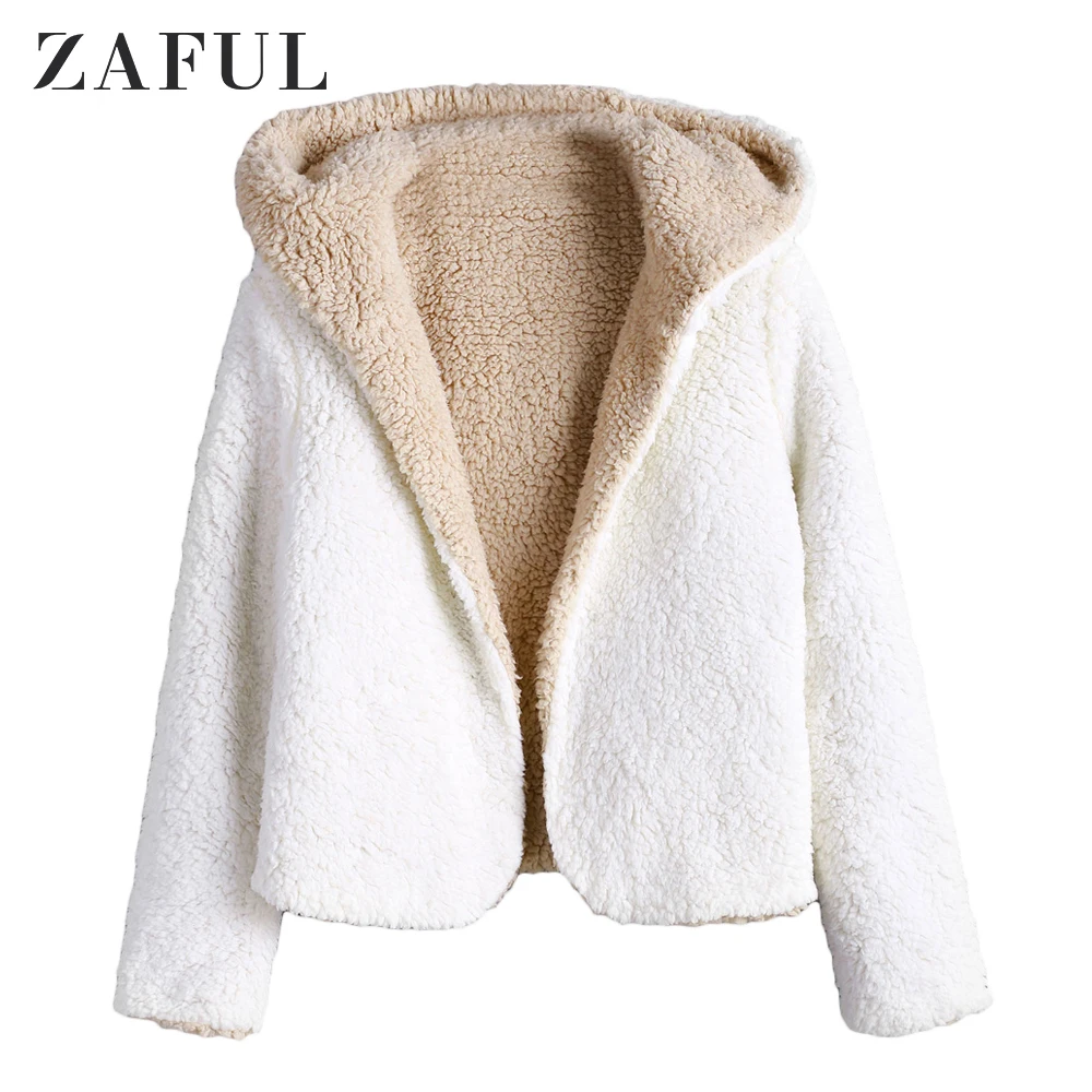 Warm White ZAFUL теплые куртки с капюшоном для женщин двустороннее плюшевое пальто с открытой передней частью из овечьей шерсти бархатное пальто милые однотонные короткие пальто с капюшоном зима - Цвет: Warm White
