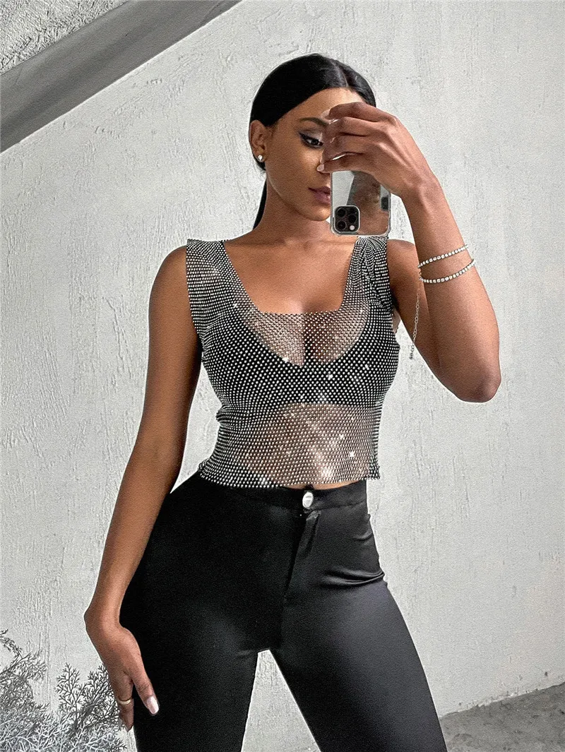 Bling Strass Party Crop Top 2021 Fashion Solid Schwarz Weiß Voller Diamanten Pailletten Cropped Top für Frauen Party Crop Tops – Detail 4