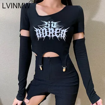 

LVINMW Sexy O Neck Long Sleeve Buckles Hollow Out Letter Print Crop Top Woman tshirts Slim Fashion Navel Tops Streetwear