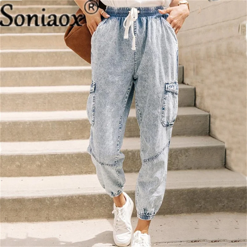 Women Vintage Jeans 2021 New Casual Stretch Trousers With Small Feet Fashion Pockets Lace Up Jeans Elastic Harem Denim Pants brown vintage baggy jeans women 90s streetwear pockets wide leg cargo pants y2k high waist straight denim trousers 2021