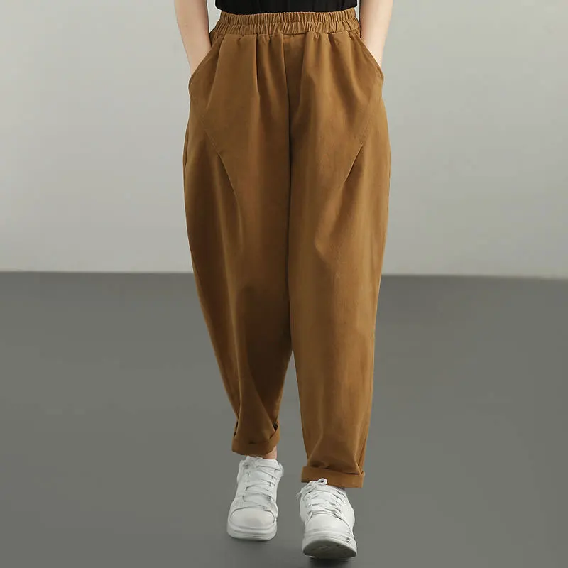 

2021 Spring Autumn Arts Style Women Elastic Waist Loose Ankle-length Pants All-matched Casual Solid Harem Pants Size 4XL V652