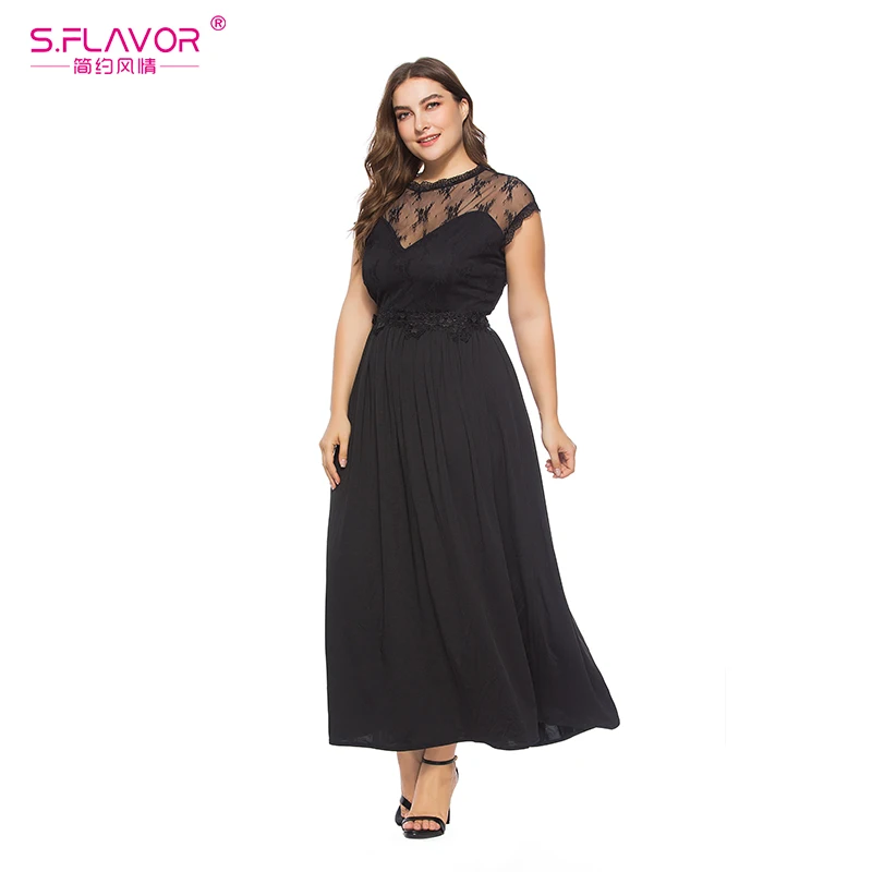 S. FLAVOR весеннее кружевное лоскутное платье большого размера для женщин с круглым вырезом размера плюс сексуальное длинное платье элегантные офисные вечерние платья одноцветные