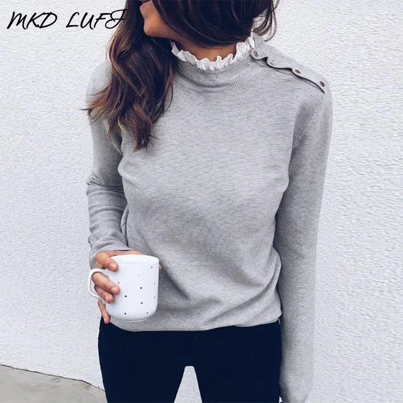 

Lace Mock Neck Button Detail Women Casual Blouse Tops Ladies Long Sleeve Brief Autumn Blouses