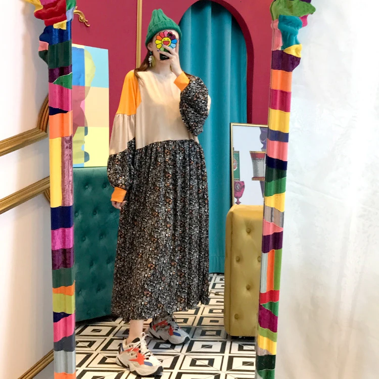 SHENGPALAE Новое весеннее лоскутное цветное свободное платье размера плюс vestidos с длинным рукавом и круглым воротником корейское модное женское платье FT136
