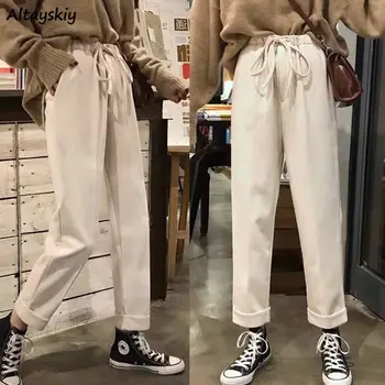 

Pants Women Ankle-length Loose Straight Solid Simple Elastic Waist Pockets Korean New Casual Fashion Womens Daily Trendy Leisure