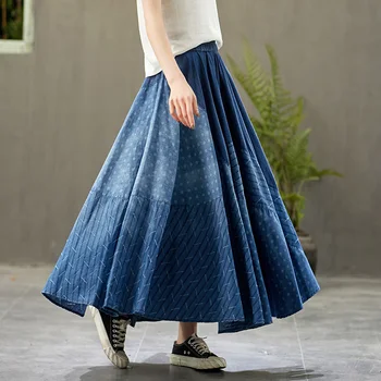 

Free Shipping 2020 Soft Fashion Denim Summer Spring Blue Jeans Long Maxi Skirts Elasitc Waist Blue A-line Pleated Big Hem Skirts
