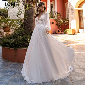 

LORIE Princess Wedding Dresses with Long Puffy Sleeve Appliques Lace Beach Bridal Gowns 2020 Soft Tulle Boho Marriage Dress