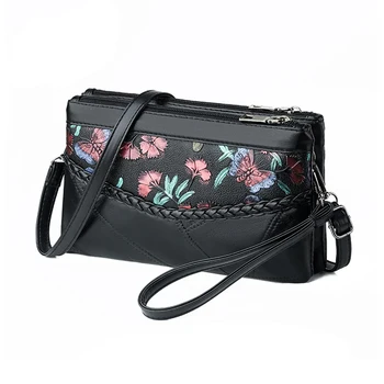 

Flower Printing Black Sheepskin Genuine Leather Wrist Small Flap Fashion Shoulder Bags for Women Handbag Ladies Crossbody Bags