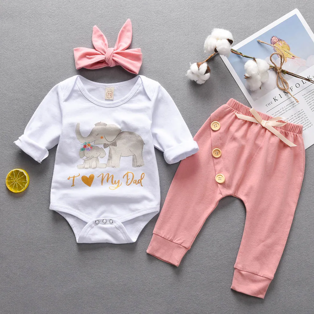 

Infant Baby Cartoon Elephant Print Romper Bodysuit+Pants+Headband Outfits