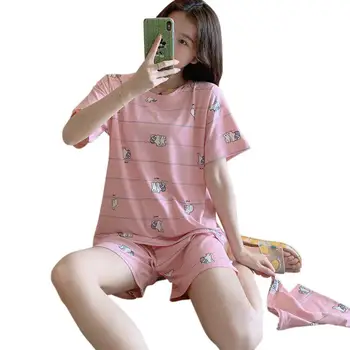 

MISSKY Women Pajama Set Summer Thin Sleepwear Short Sleeve Tops Shorts Home Suit with Cloth Bag Female Homewear New