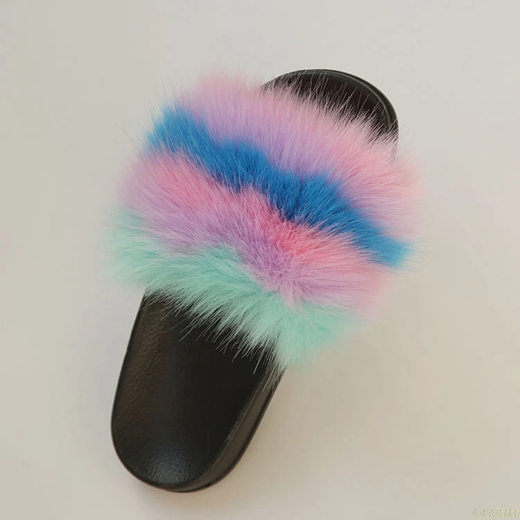 Женские шлепанцы из искусственного лисьего меха; женские меховые тапочки; Домашние меховые сандалии на плоской подошве; Женская милая пушистая домашняя обувь; женские тапочки с мехом енота