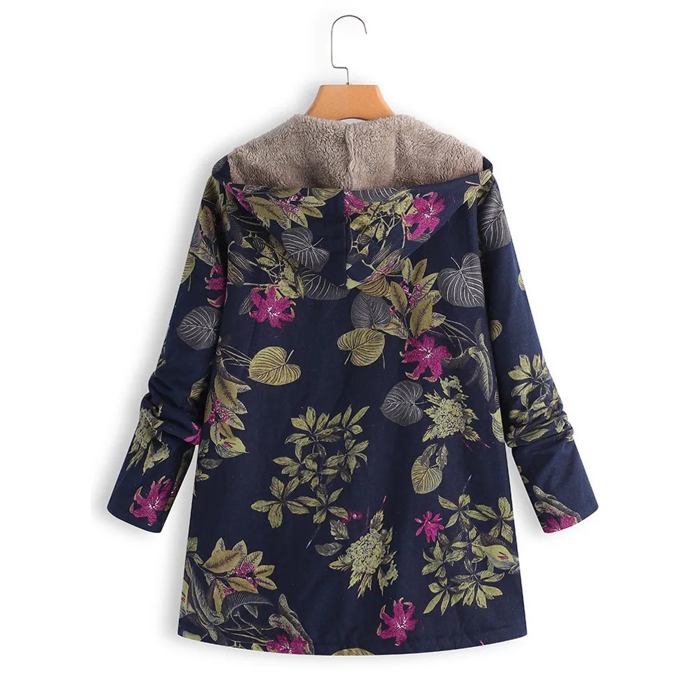 Осень женская зимняя теплая верхняя одежда цветочный принт с капюшоном карманы винтажное пальто оверсайз OL стиль свободная модная Рабочая одежда