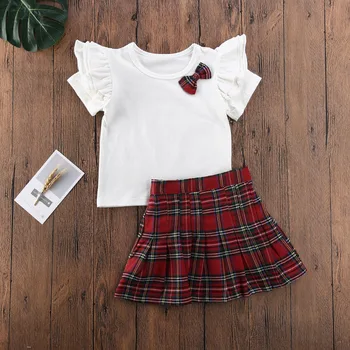 

Pudcoco Toddler Baby Girl Clothes Solid Color Bowknot Fly Sleeve T-shirt Tops Plaids Skirt 2Pcs Outfits Clothes Summer Set