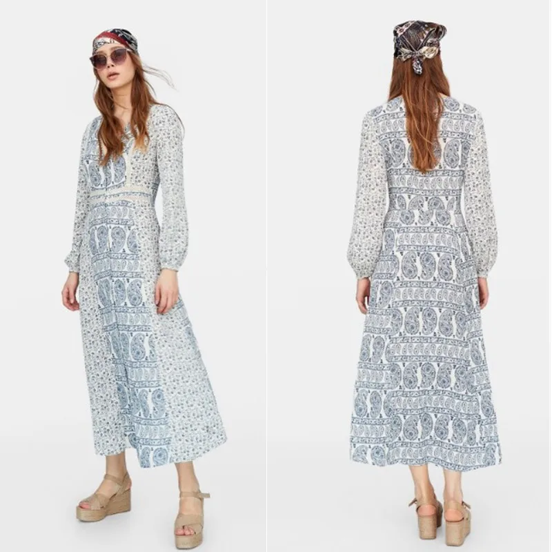 

2019 New Style Spring Floral-Print Chiffon Skirt Europe And America Wind Long Sleeve Elegant Waist Hugging Slimming Dress Women'