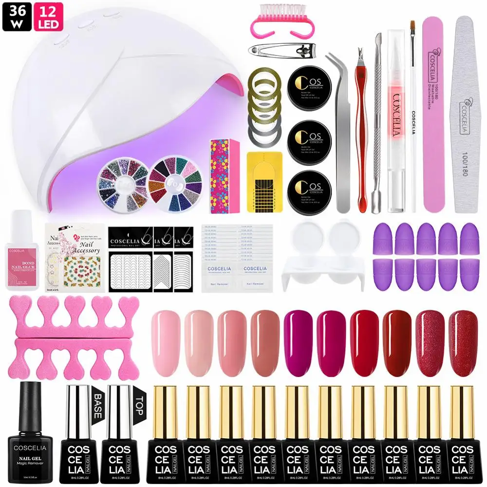 36W FULL SET COSCELIA Набор ногтей для маникюра с 54 Вт УФ-Светодиодный светильник 10 шт. набор гель-лаков для ногтей впитывающий Полупостоянный лак Инструменты для дизайна ногтей комплект - Цвет: 36W FULL SET