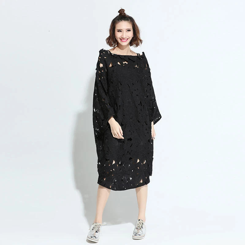 [EAM] Women Black Lace Hollow Out Two Piece Dress New Slash Neck Long Sleeve Loose Fit Fashion Tide Spring Autumn Q09101