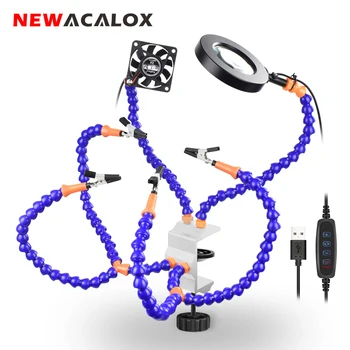 

NEWACALOX Table Clamp Third Hand Helping Hand Soldering Holder with 3X Illuminated Magnifier Smoke Exhaust Fan for PCB Repair