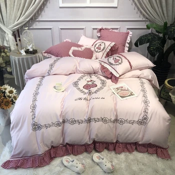 

Cute girl Bedding Set Queen Size embroidery Bedding Sheet egyptian cotton Bed Linen ropa de cama King Bed Set Duvet Cover 4/7pcs