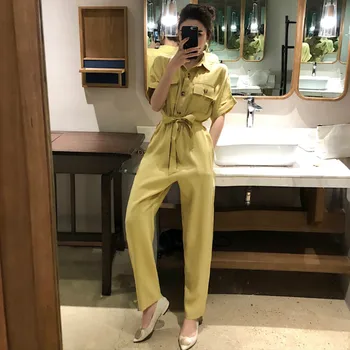 

Women Jumpsuits Cargo Overalls Short Sleeve Summer 2020 Down Collar Pocket Drawstring Romper Students Long Pants One Piece Suit