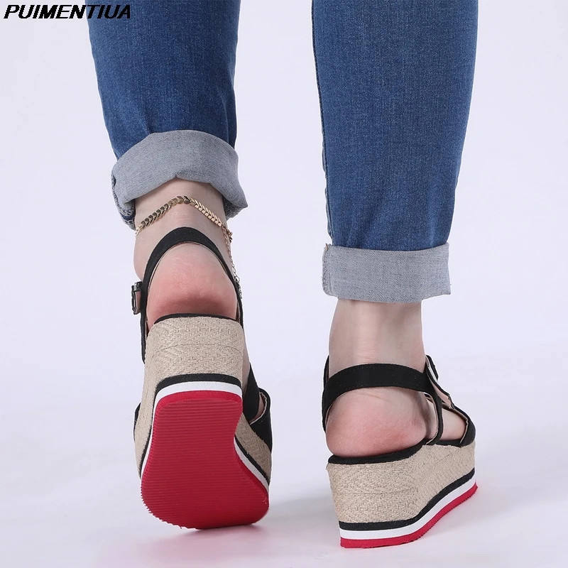 2021 Womens Sandals Vintage Wedge Shoes Woman Buckle Strap Straw Thick Bottom Flats Platform Sandals Flock Female Shoes Summer 2021 Womens Sandals Vintage Wedge Shoes Woman Buckle Strap Straw Thick Bottom Flats Platform Sandals Flock Female Shoes Summer