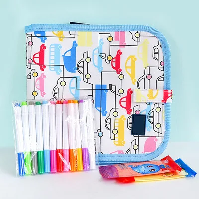 Magic Water Coloring Books Baby Blackboard Reusable Painting Book Foldable Drawing Board Toys with Water Pen Children Kids - Цвет: car blue
