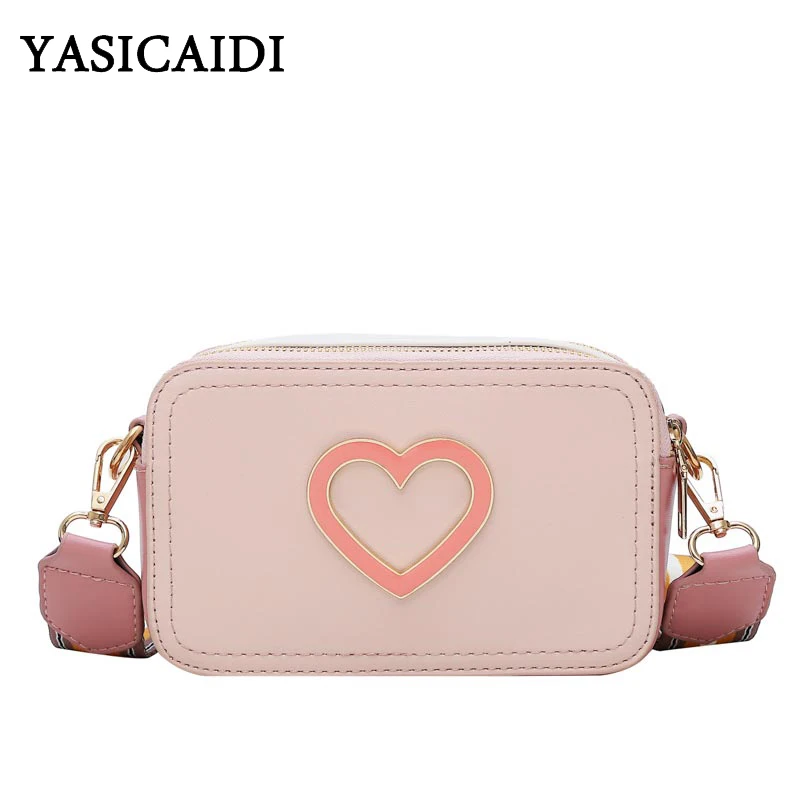 

YASICAIDI 2019 Fashion Girls Flap Messenger Bag Heart Pattern PU Leather Wide Shoulder Strap Luxury Handbags Women Bags Designer
