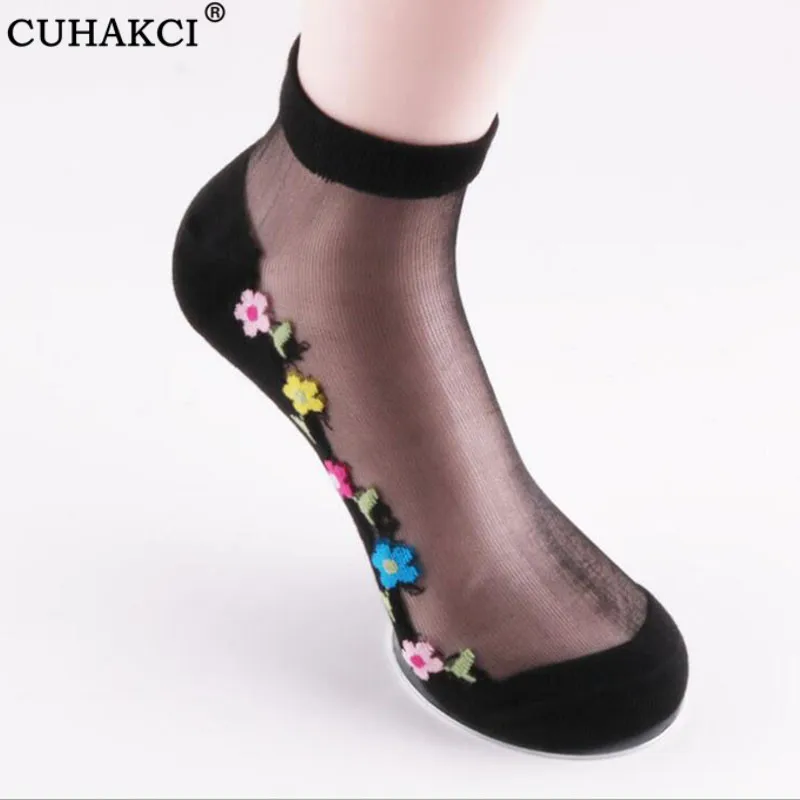 

CUHAKCI 1Pair Fashion Sexy Lace Flower Transparent Socks Women Ice Silk Thin Soft Comfy Anti-Hook Non-slip Crystal Ankle Sock
