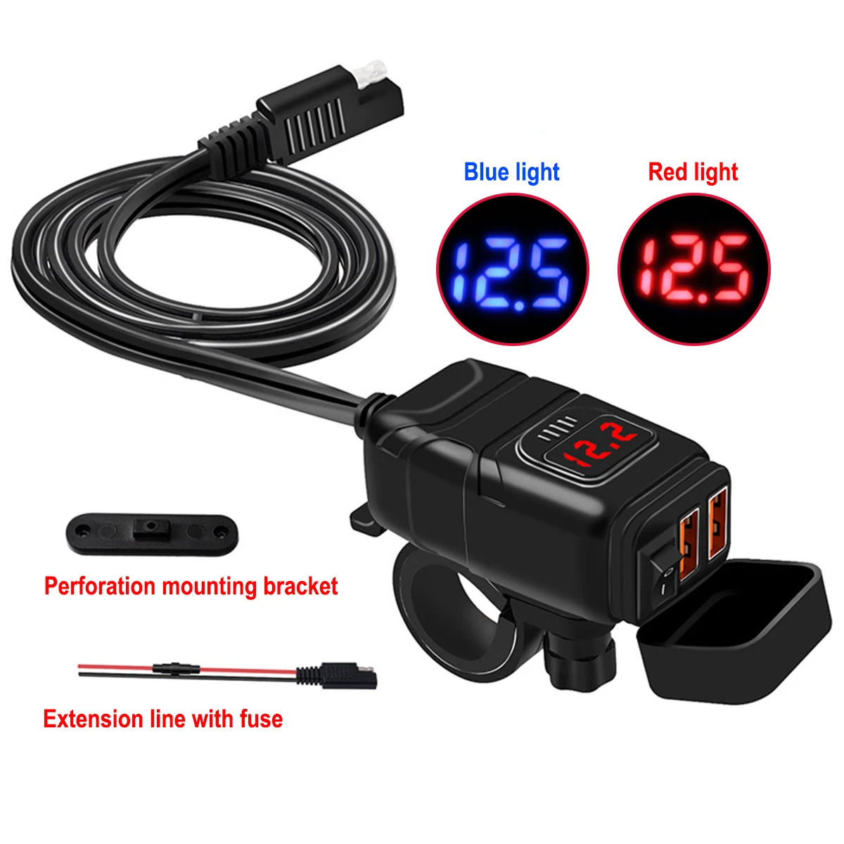 Motorcycle Double USB Super Fast Charging+Voltmeter Waterproof Quick Charge 3.0 12V Voltmeter Handlebar Mounting Bracket