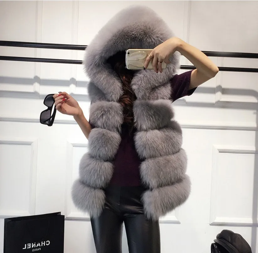 Women Winter Thicken Fluffy Plush Vest Open Front Hooded Mid-Length Waistcoat Oversized Loose Solid Color Jacket Outwear