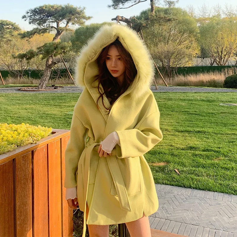 

2019 Autumn and Winter New Style New and Famous Plush Cap and Waist Strap Warm Medium-long Long-and-long Coat Women Coat