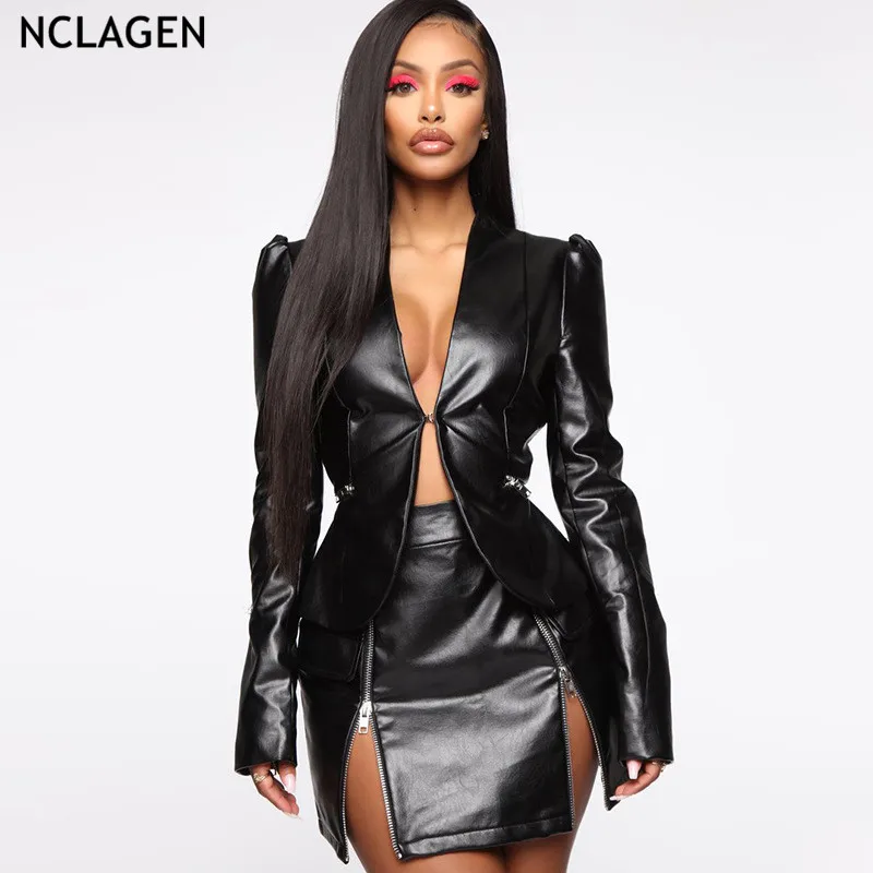 

NCLAGEN Elegant Butterfly Sleeve Deep V Neck Office Lady Suit Set Slim Blazers & Zipper Up Split Mini Skirts Women PU Tracksuits