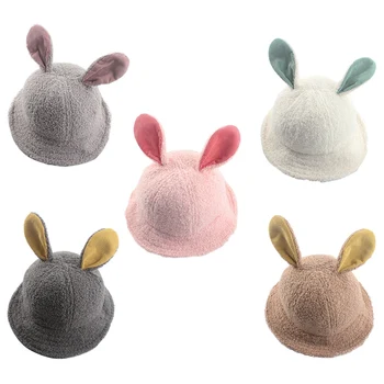 

Warm Autumn Baby Girls Hat Toddler Solid Print Bucket Hats With Ear Design Caps Reversible Sun Headwear