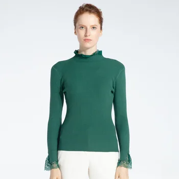 

025 Winter Solid Ruffled Collar Ruched Lace High Street Style Women Sweaters Soft Warm Female Knitted Pullovers