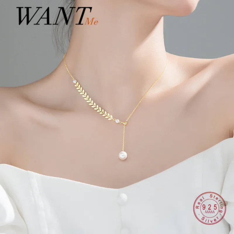 Женское Ожерелье WANTME из серебра 925 пробы с жемчугом и листьями пшеницы подвеска до ключиц свадебное