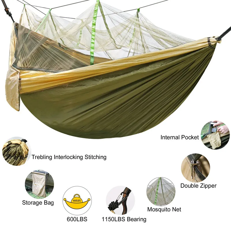 Portable Nylon Camping Hammock with Mosquito Net Rainfly Tent Tree Straps,for Camping Hiking Backyard Travel Outdoor Backpacking