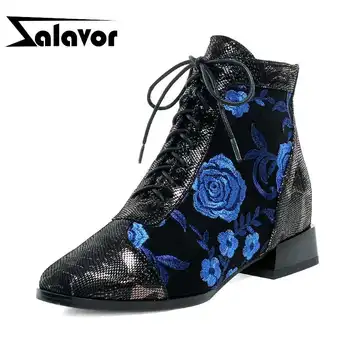 

ZALAVOR Real Leather Women Ankle Boots Flower Print Shoes Women New Fashion Lace Up Warm Office Lady Party Footwear Size 34-43