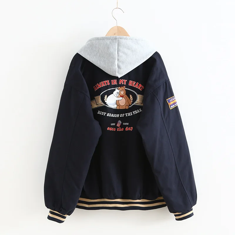 

2019 Autumn And Winter New Style Cartoon Embroidered Navy Baseball Jacket Women's Thick Loose-Fit Coat Tops