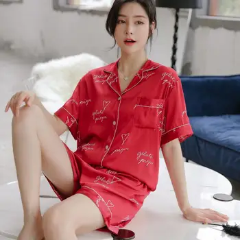 

Nightwear Print Pajamas Suit Women 2020 New 2PCS Shirt&Shorts Set Satin Sleepwear Silky Pyjamas Intimate Lingerie Casual Pijamas