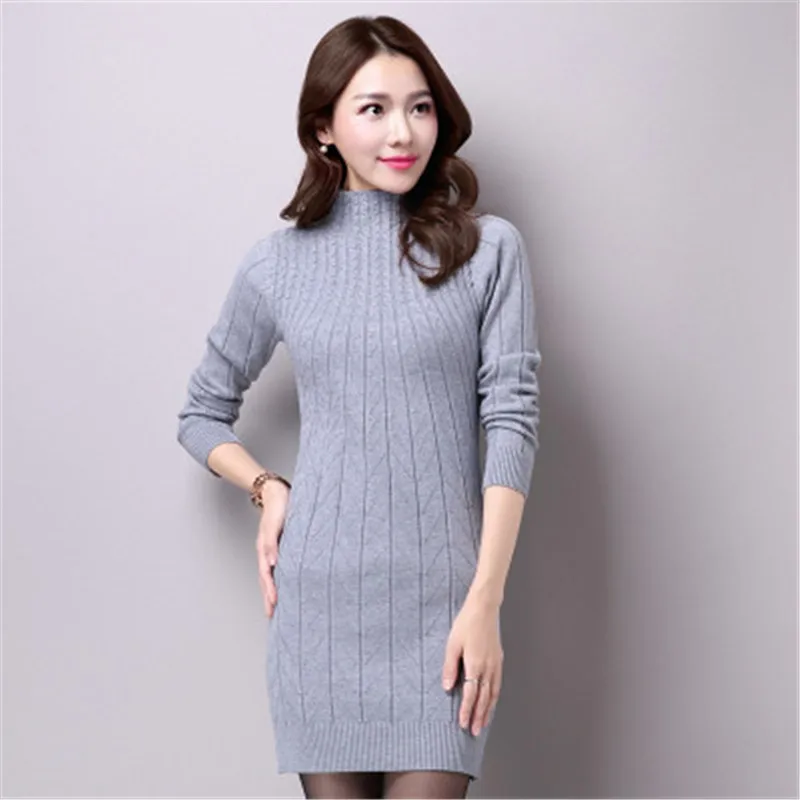 

Autumn Winter Half Turtleneck Sweaters Women Long Knit Pullovers Female Solid Knitting Bottoming Dresses Slim Full Sleeve Tops