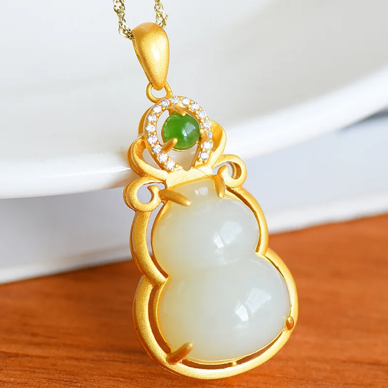 

Natural White Jade Gourd Pendant 925 Silver Necklace Chalcedony Chinese Carved Charm Jewelry Agate Fashion Amulet Men Women Gift