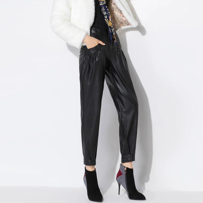 

Europe and the United States new leather pants female wear new spring loose wide leg pants nine points PU leather harem pants