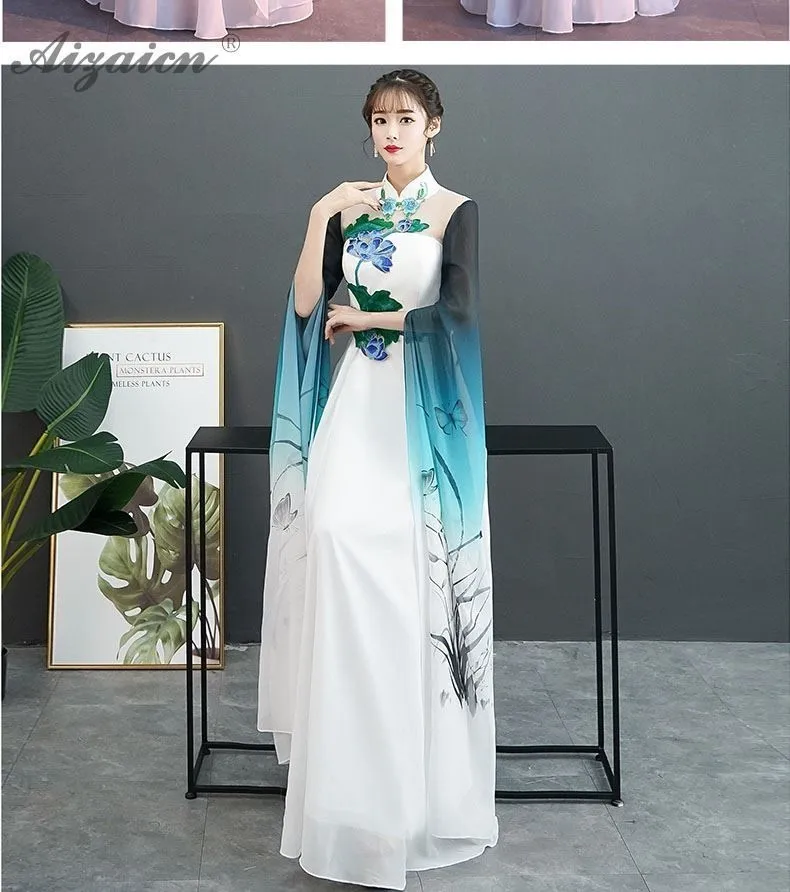 Вышивка китайское платье Qipao Женская Роба в восточном стиле Стиль Длинные вечернее платье Cheongsam современный Vestidos De Седа костюм для хора