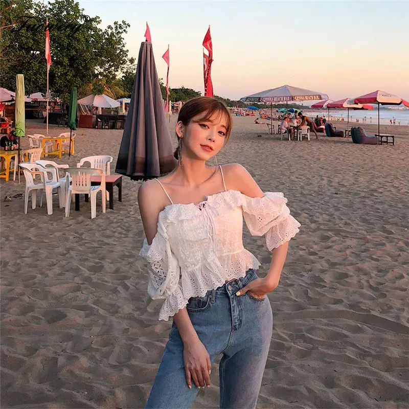  Korean 2019 All-Match sexy shoulder off Shirts Summer New Fashion Casual High Quality Slash Neck So