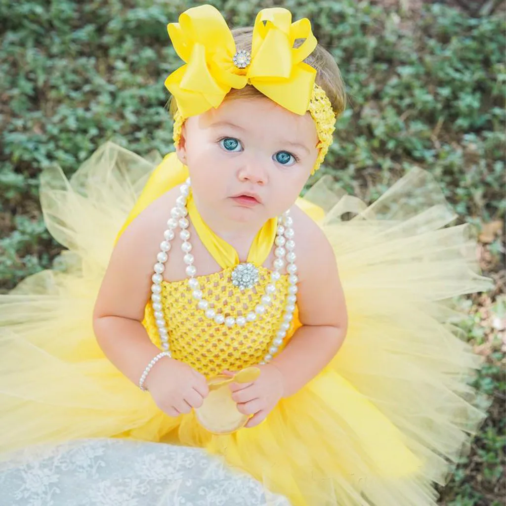 Вечерние платья для новорожденных; Желтые платья на подтяжках для танцев для маленьких девочек; газовое платье-пачка принцессы; набор повязок; robe princesse fille